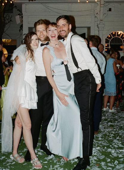 Cute A Line Spaghetti Straps Flower Bow Blue Satin Long Prom Dress Graduation Prom SH2652