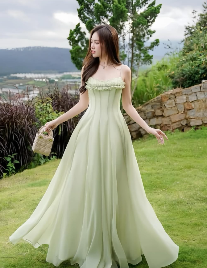 Gentle A Line Spaghetti Strap Green Chiffon Long Prom Dress Evening Dress SH2629