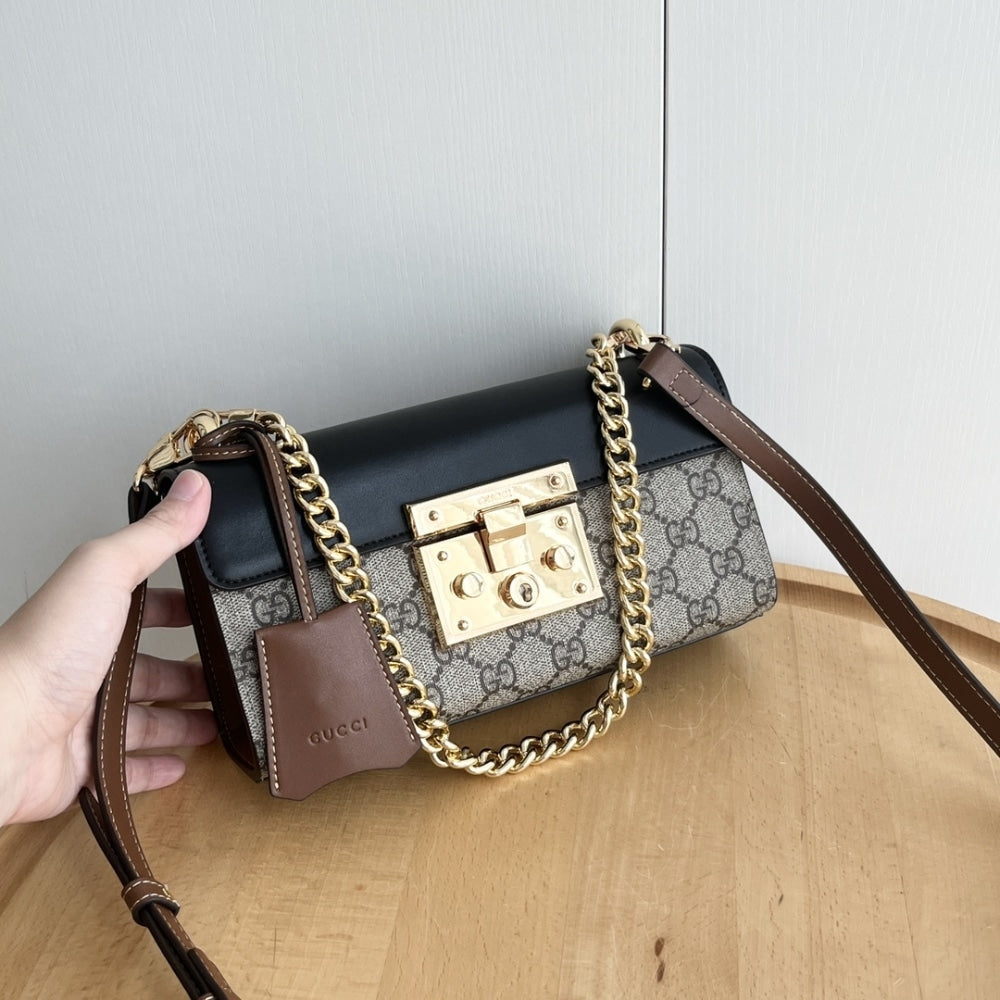 GUCCI PADLOCK SMALL SHOULDER GG SUPREME CANVAS BLACK 22CM ‎735103 KLQJG 9785