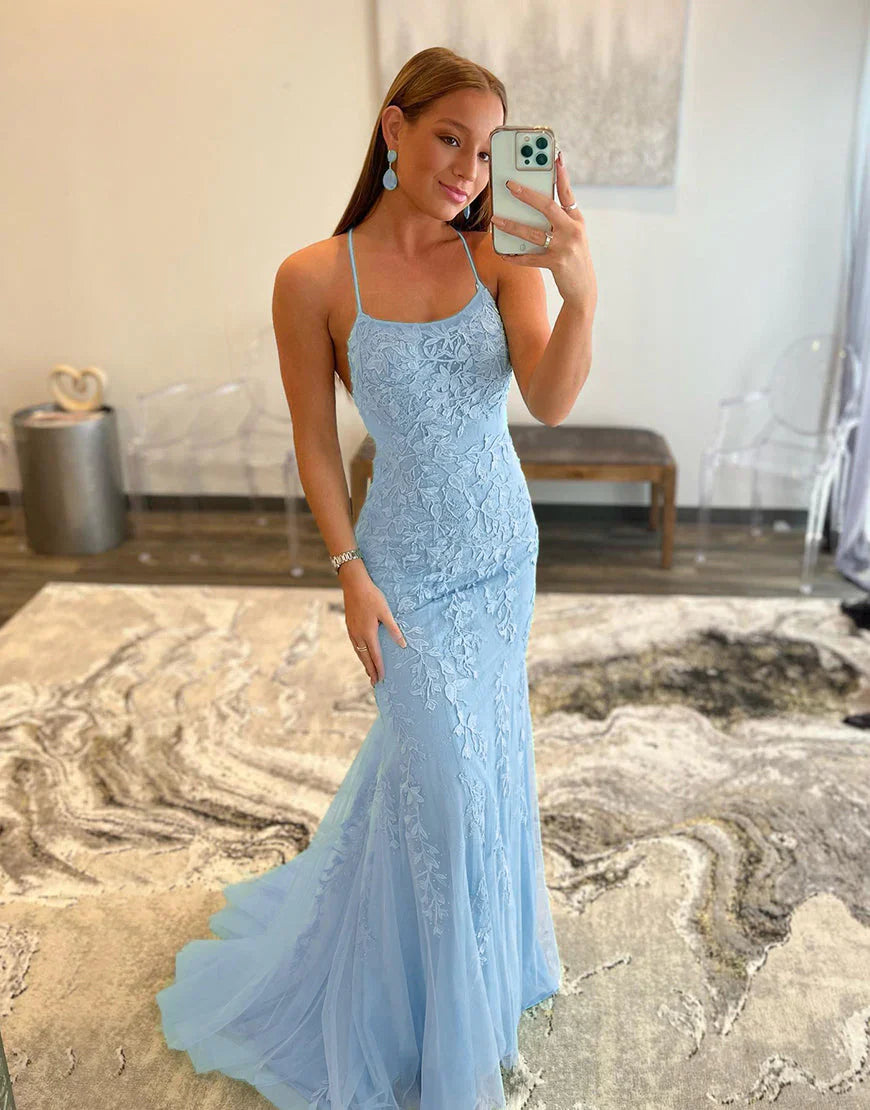 PM364,Mermaid Applique Long Prom Dress Backless Evening Dress