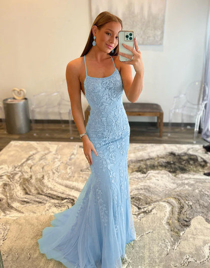 PM364,Mermaid Applique Long Prom Dress Backless Evening Dress