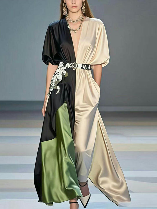 Black V-neck Silk Print Maxi Dress