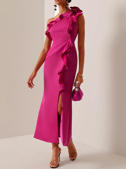 Ruffled One-Shoulder Slit A-Line Maxi Dress