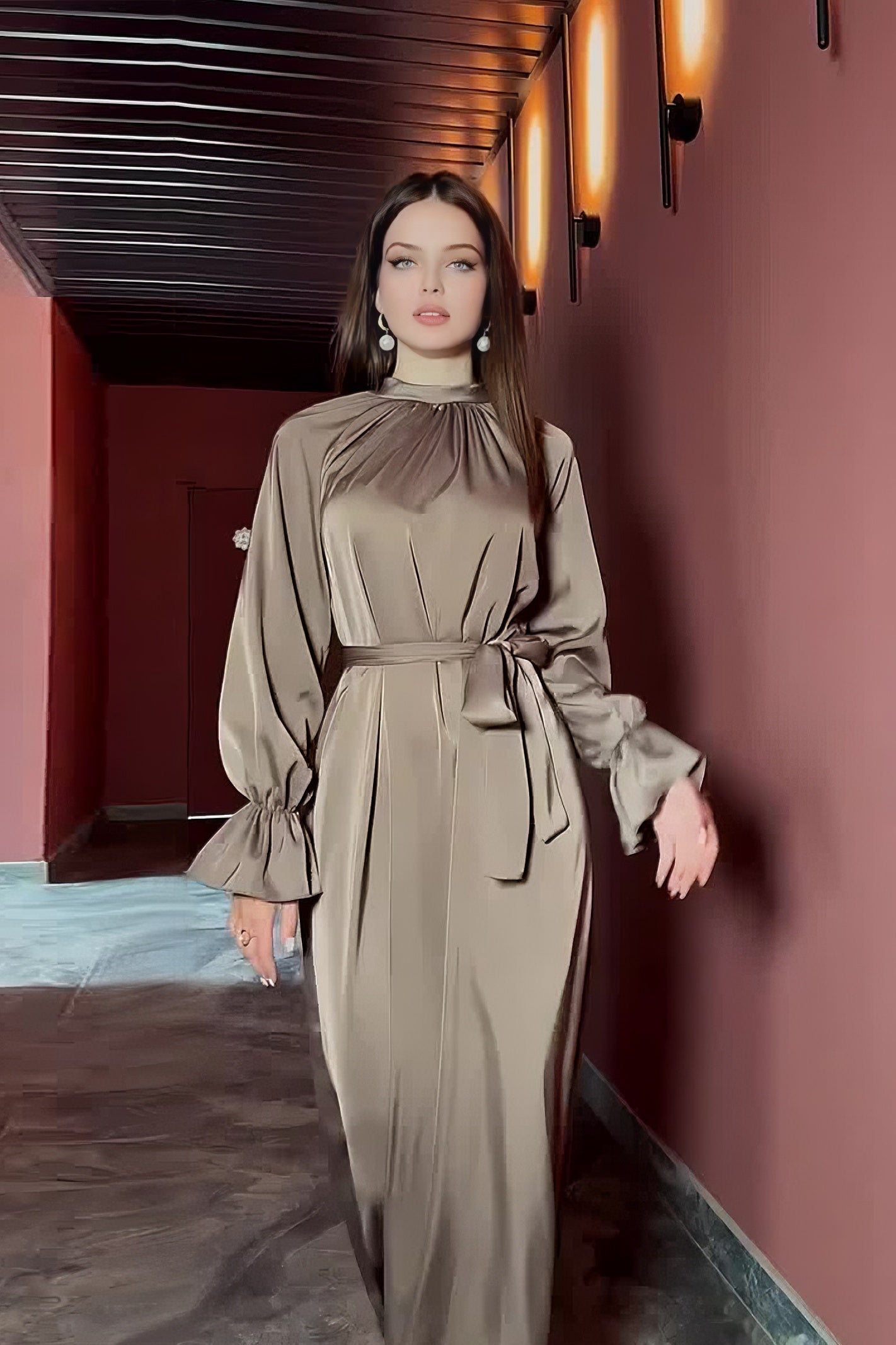 loveedsTM-Solid Color Satin Long Sleeve Loose Dress