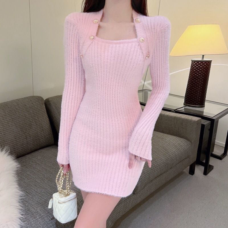 loveedsTM- Fashion Korean Mini Dresses Female Autumn Winter 2024 Sexy Bodycon  Wrap White Short Women&#39;s Sweater Knitted One-piece Dress Hit