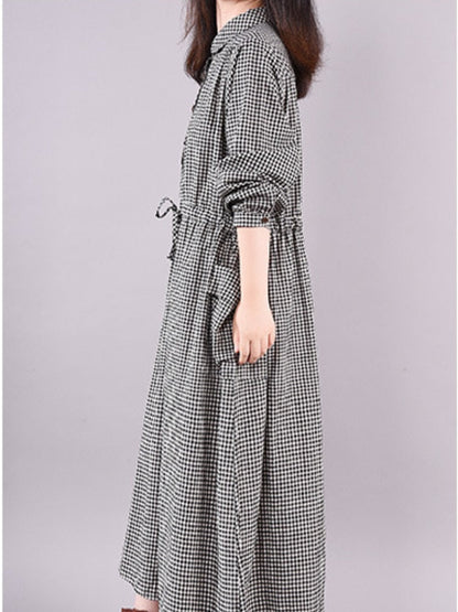 loveedsTM- Dresses for Women Loose Stitching Cotton and Linen Plaid Long-sleeved Dress Women's Lace-up Waist Midi Skirt  Elegantly