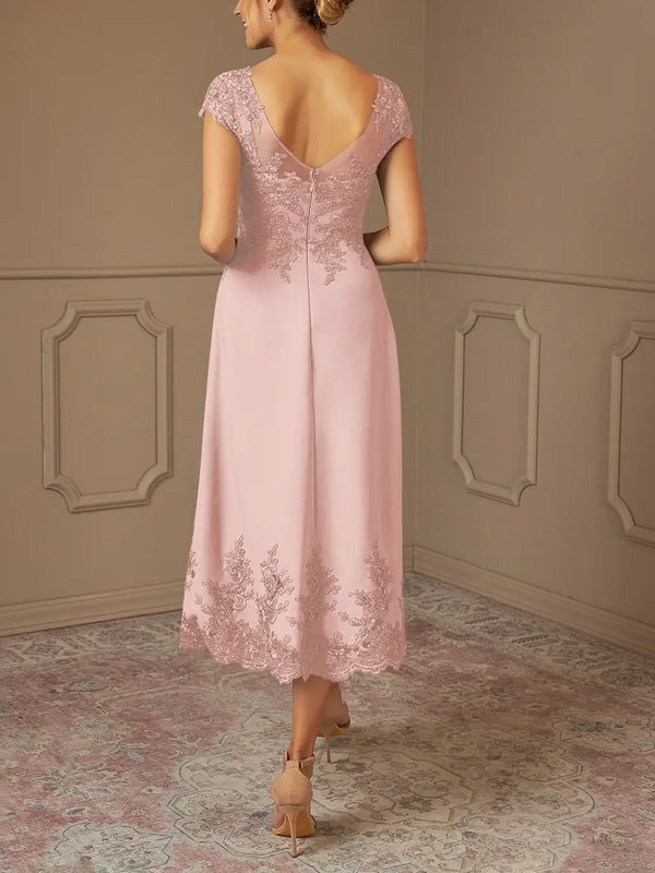 Round Neck Lace Short Sleeve Solid Color Midi Dress