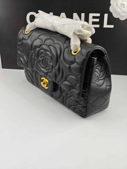 CHANEL CAMELLIA SHOULDER BAGS BLACK 25CM