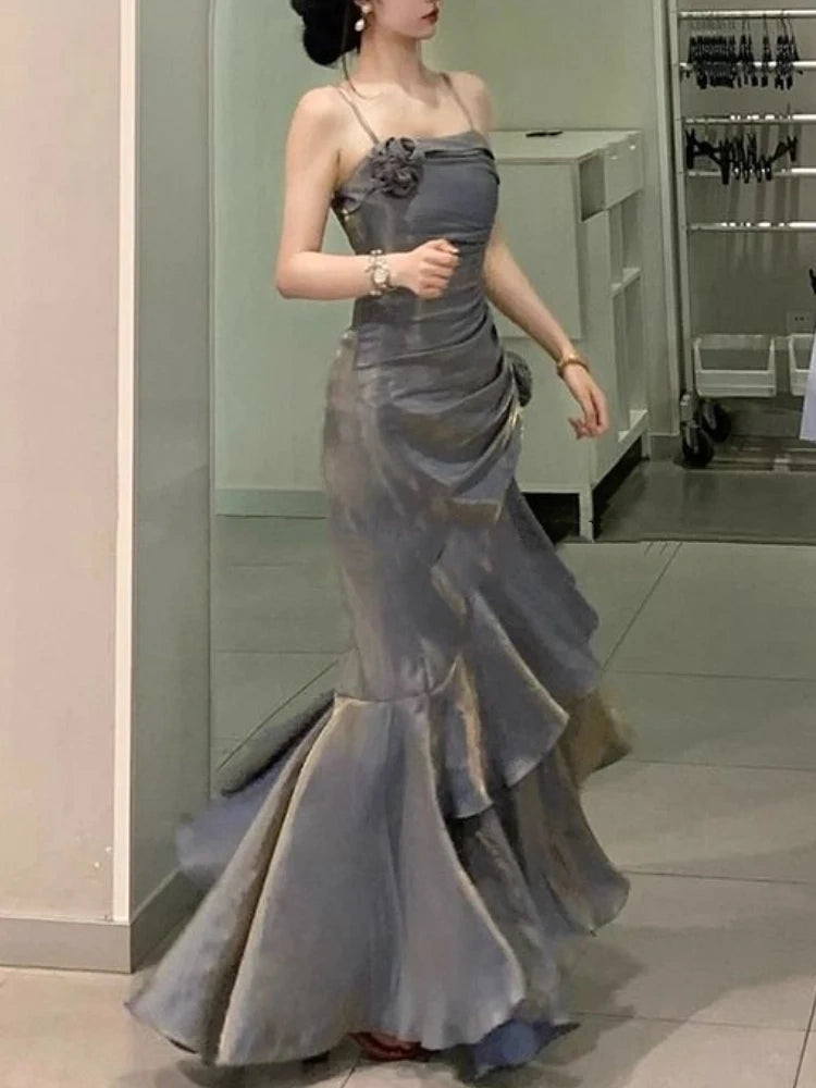 loveedsTM - Korean Vintage Velvet Long Dress Women Luxury Slim Mermaid Spaghetti Strap Floral Dress Elegant Sexy Casual Evening Party Dress