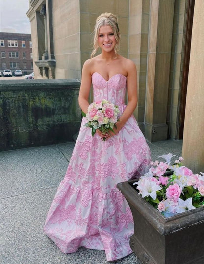 Pink Sweet Heart Neck Beautiful Floral Long Satin Ball Gown Evening Dress Party Dress gh3298