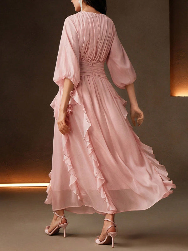 Elegant Women's Balloon Sleeve Waist Cinched Pink Loose Flare Dress