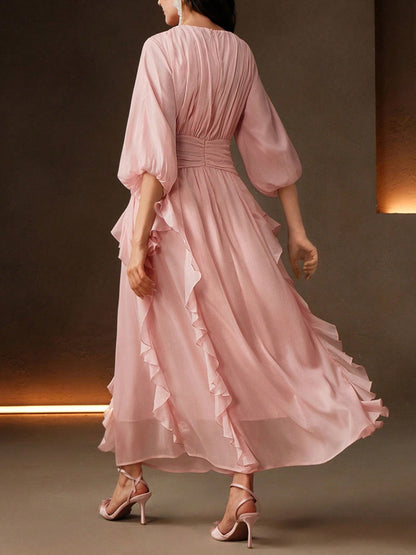 Elegant Women's Balloon Sleeve Waist Cinched Pink Loose Flare Dress