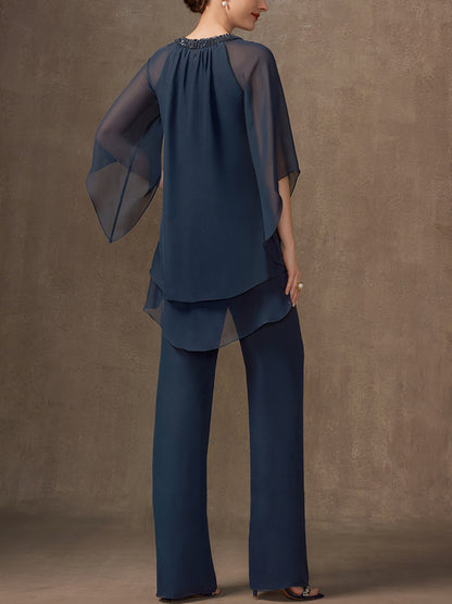 Chiffon Mother Sequin Top Trousers Suit