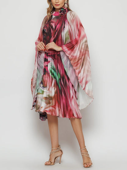 Pleated Elegant Chiffon Color Matching Ladies Dress