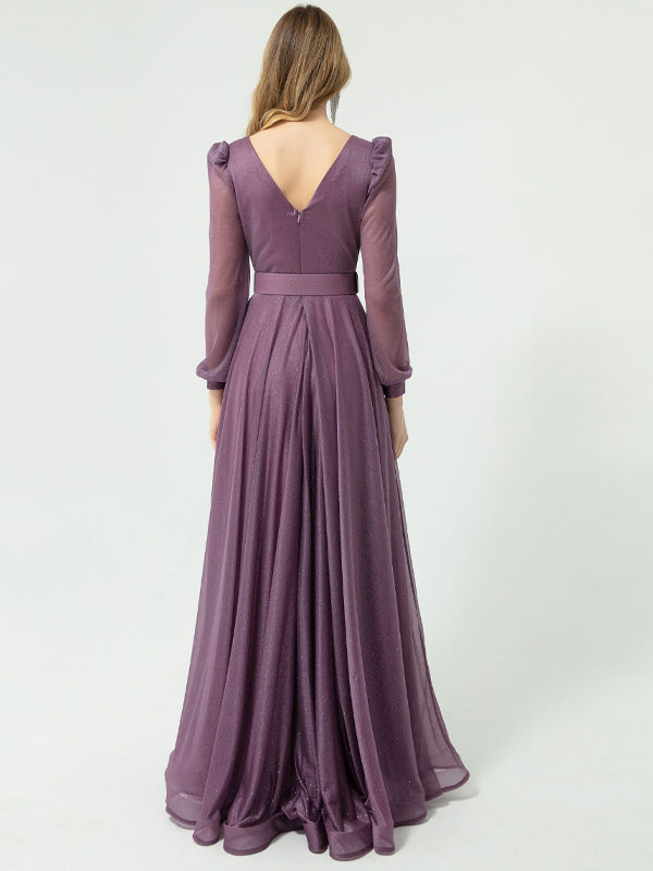 V-neck Long Sleeve Solid Color Maxi Dress