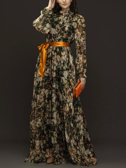 Printed Long Sleeves With Lace Up Maxi Dress