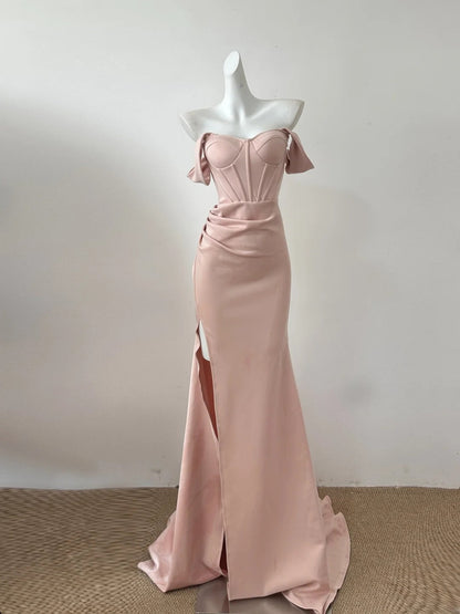 Pink/White Simple Elegant Long Floor Length Satin Ball Gown Evening Dress Party Dress gh4189