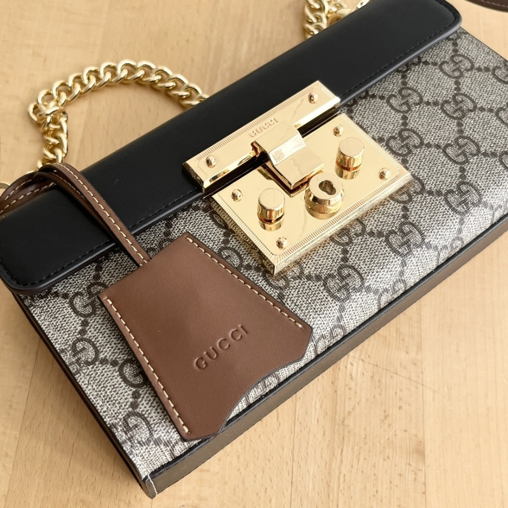 GUCCI PADLOCK SMALL SHOULDER GG SUPREME CANVAS BLACK 22CM ‎735103 KLQJG 9785