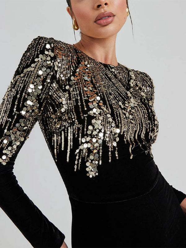 Round Neck Sequined Color Block Long Sleeve Jumpsuit