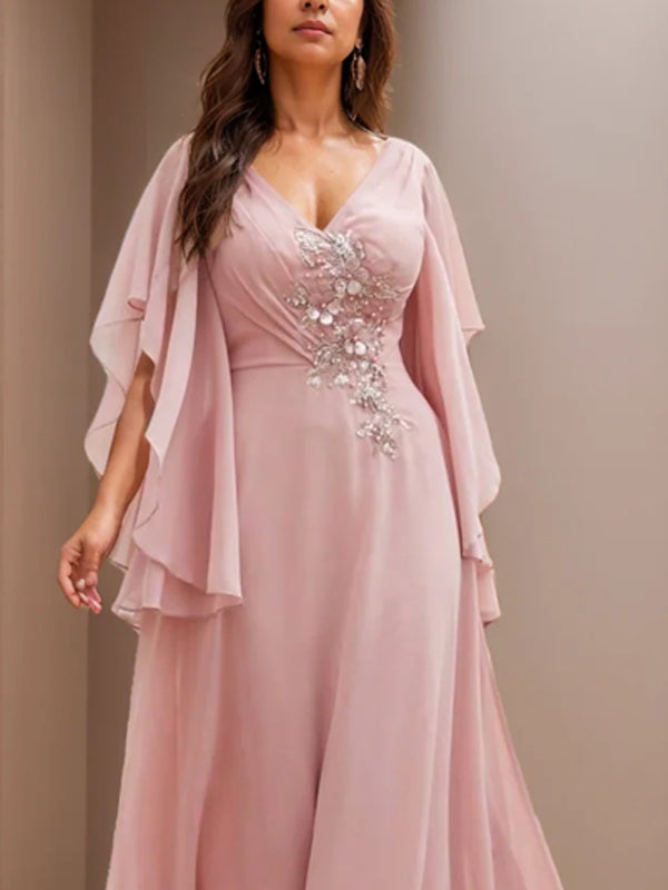 A-Line/Princess V-Neck Short Sleeves Floor-Length Mother of the Bride Dresses with Appliques Lace