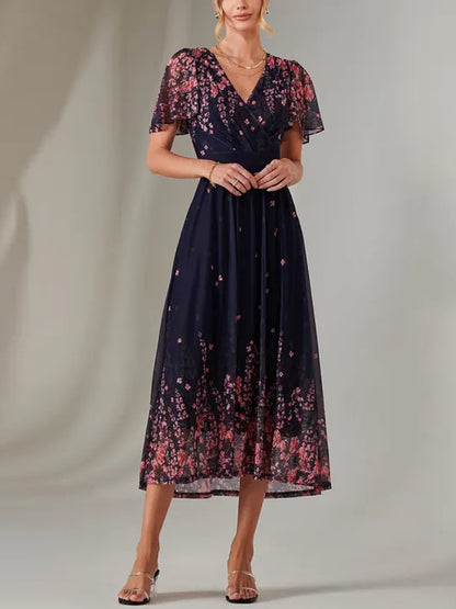 V-neck Floral Chiffon Dress