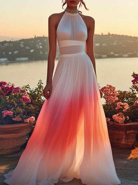 Pink And White Gradient Chiffon Flowing Maxi Dress