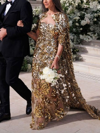 Sheer Tulle Sequined Cape Women's Gown