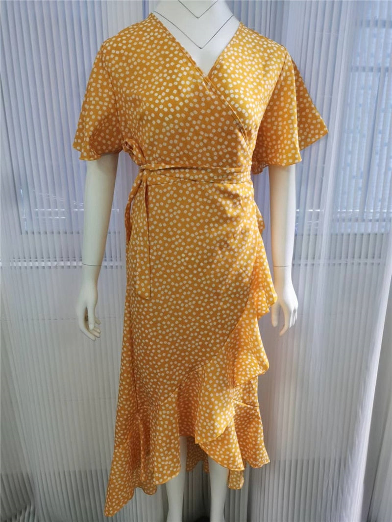 loveedsTM-Red Dot Print Boho Long Chiffon Summer Beach Elegant Midi Women's Dress Floral V-Neck Folds Ruffles Wrap Dresses Split Vestidos