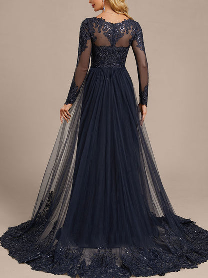 Detachable Lace Tulle Train Evening Dress