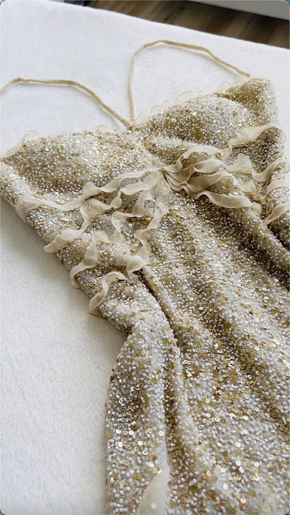 Ivory White Luxury Shiny Gorgeous Fashion Exquisite Beading Long Ankle Length Sequin Chiffon Ruffle Ball Gown Evening Dress Party Dress Prom Dress gh3776