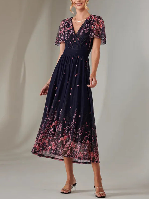 V-neck Floral Chiffon Dress