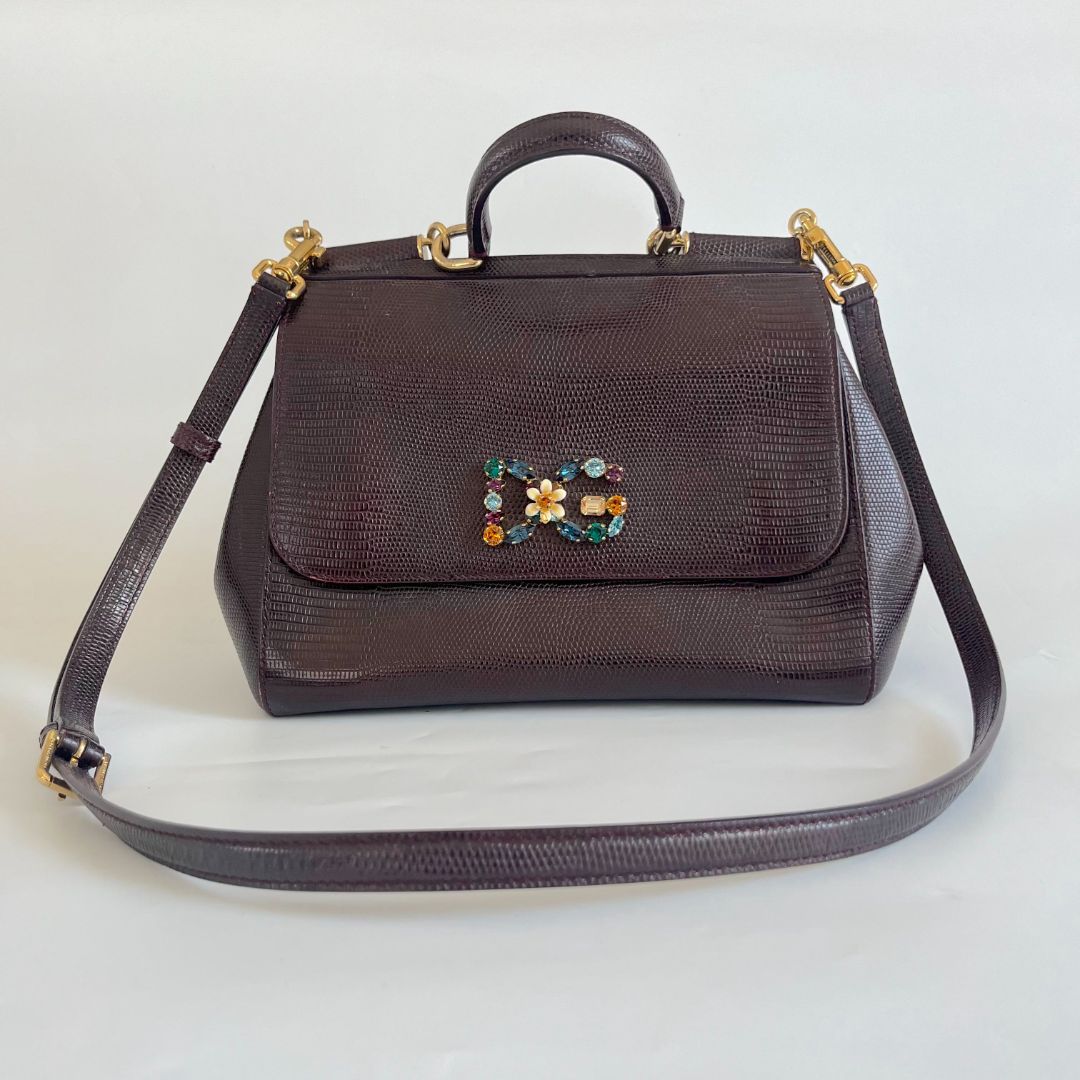 Dolce & Gabbana Burgundy Lizard Embossed Leather Medium Miss Sicily Bag