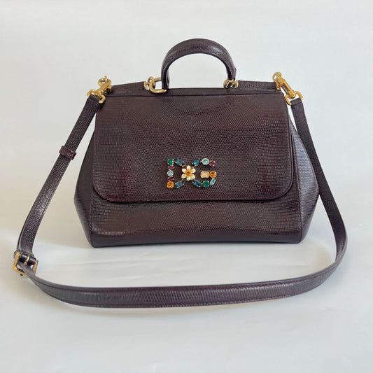 Dolce & Gabbana Burgundy Lizard Embossed Leather Medium Miss Sicily Bag