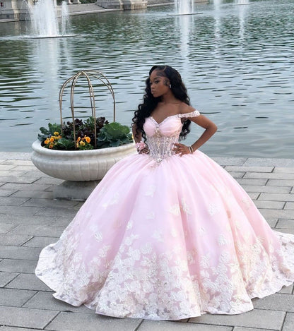 Princess Pink Ball Gown Off the Shoulder Appliques Tulle 16th Birthday Dress Prom Dress SH3842