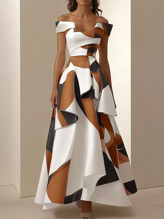 White Color Block Off The Shoulder A-Line Maxi Dress