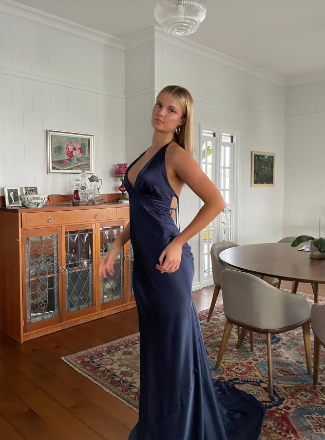 Navy Blue Sheath V Neck Satin Open Back Long Sweep Prom Dress Graduation Prom Dress SH2588