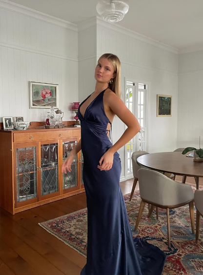 Navy Blue Sheath V Neck Satin Open Back Long Sweep Prom Dress Graduation Prom Dress SH2588
