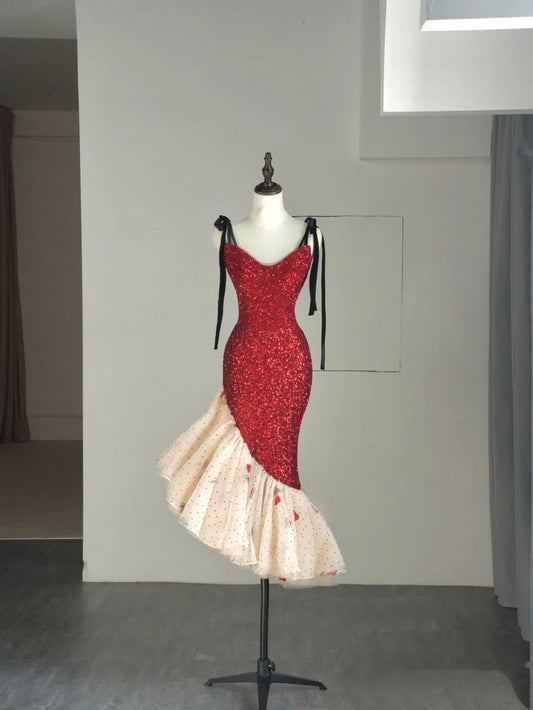 Red shiny fashion sequins spaghetti straps mermaid short homecoming dress prom party dress gh4975