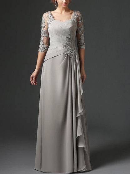 A-Line 3/4 Sleeve Chiffon Lace Maxi Dress