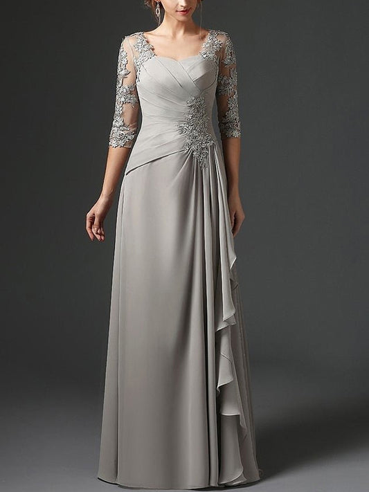 A-Line 3/4 Sleeve Chiffon Lace Maxi Dress