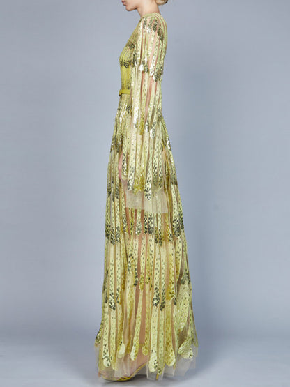 V-neck Lace Solid Color Long Sleeves Maxi Dress