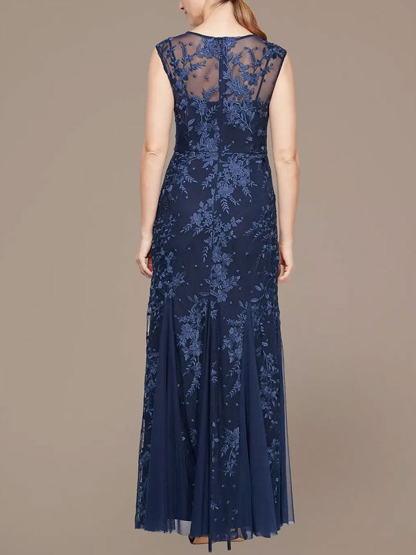 Embroidered Cap Sleeve Mermaid Gown with Godets