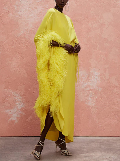 Round Neck Solid Color Feather Midi Dress