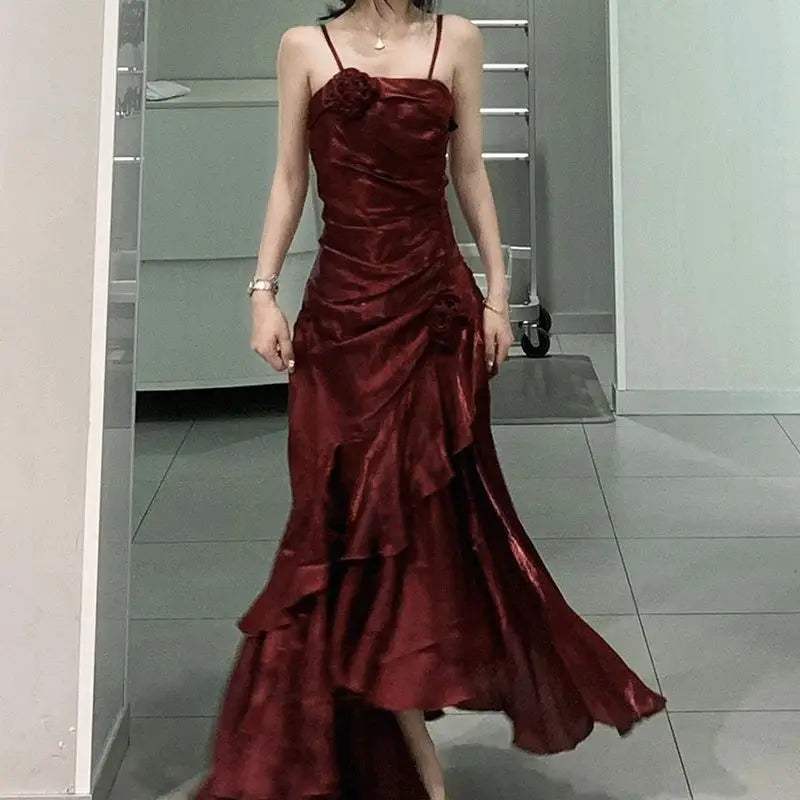 loveedsTM - Korean Vintage Velvet Long Dress Women Luxury Slim Mermaid Spaghetti Strap Floral Dress Elegant Sexy Casual Evening Party Dress