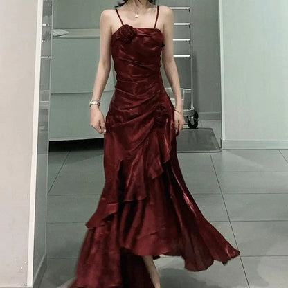 loveedsTM - Korean Vintage Velvet Long Dress Women Luxury Slim Mermaid Spaghetti Strap Floral Dress Elegant Sexy Casual Evening Party Dress