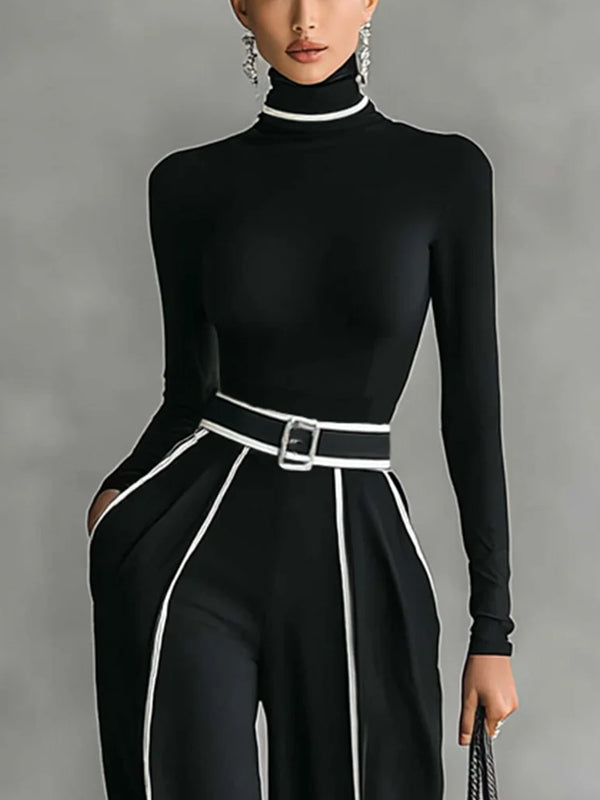 Temperament High Waist Wide Leg Ladies Two Piece Suit