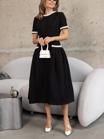 Tweed Pearl Puffy Skirt Midi Dress