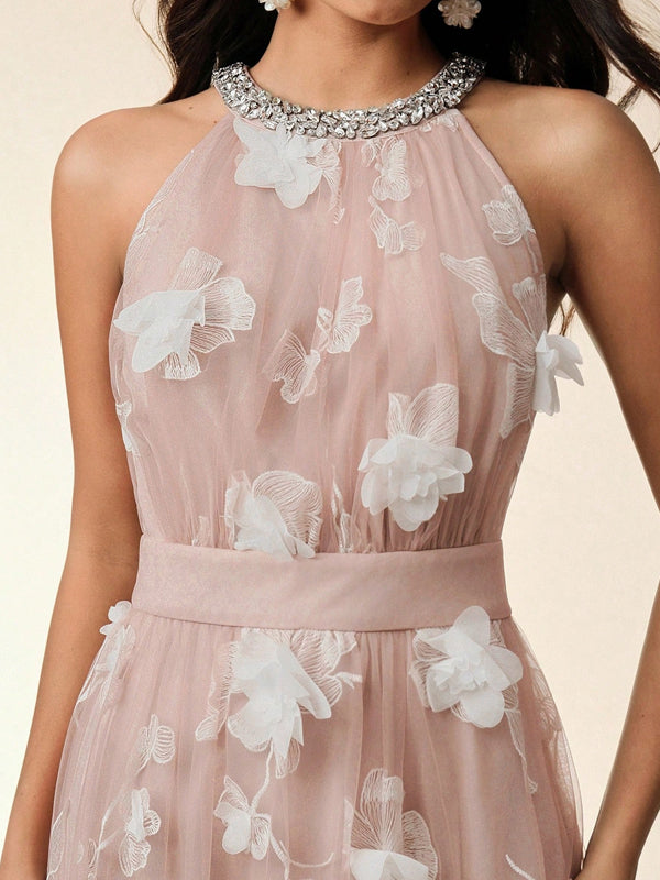 3D Floral Mesh Rhinestone Decorated Waist Sleeveless Floral Dress