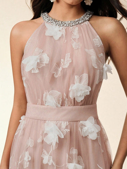 3D Floral Mesh Rhinestone Decorated Waist Sleeveless Floral Dress