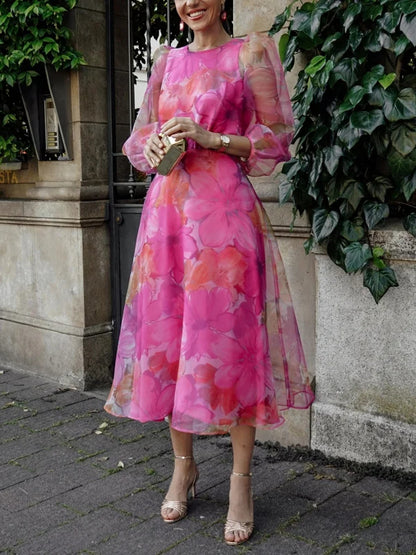 Puff Sleeve Temperament Chiffon Printed Women's Dress